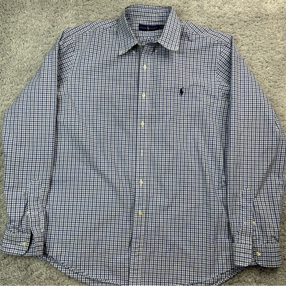 RALPH LAUREN SHIRT Mens Extra Large Button Up Classic Collared Blue Pony Plaid